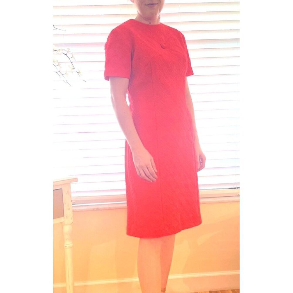 American Vintage 1960s Orange Red Textured Polyester Dress Size MED Ladies Mod